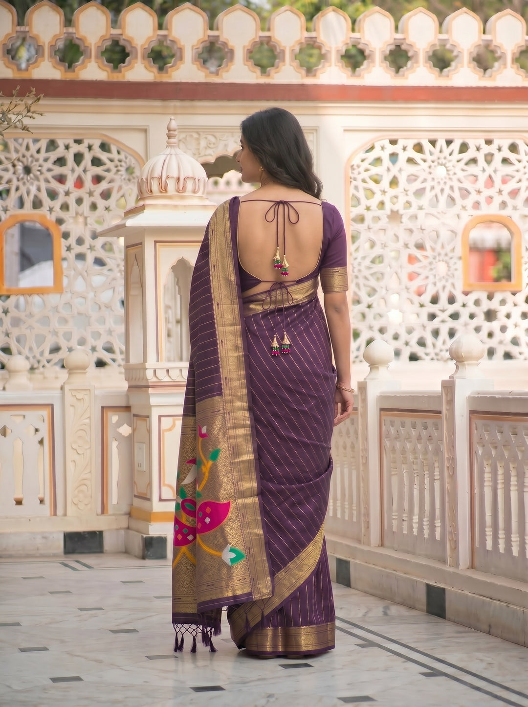 ROYAL WINE SOFT SILK PAITHANI STYLE SAREE WITH PEACOCK MOTIFS & ZARI BORDER | VERTICAL GOLD ZARI LINES FESTIVE SAREE WITH UNSTITCHED BLOUSE PIECE