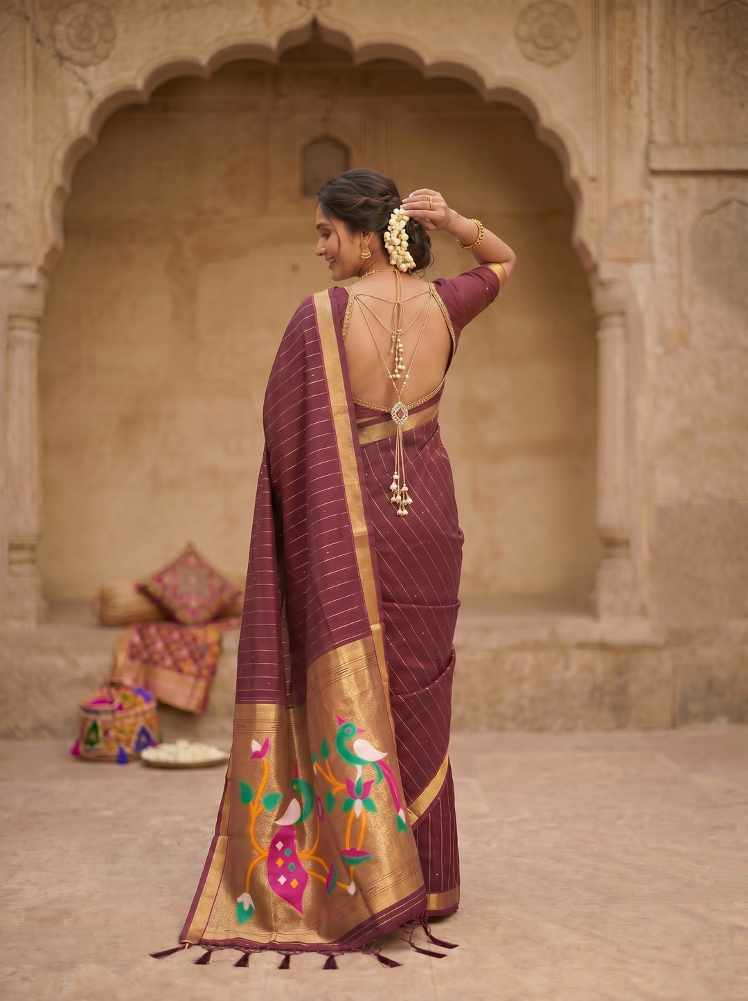 ELEGANT BOTTLE GREEN SOFT SILK SAREE - TRADITIONAL PAITHANI STYLE WITH MULTICOLORED MOR (PEACOCK) MOTIFS & GOLD ZARI STRIPES