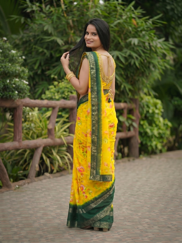 LEMON YELLOW & BOTTLE GREEN FLORAL DIGITAL PRINT SAREE | PREMIUM LIGHTWEIGHT GEORGETTE ETHNIC WEAR