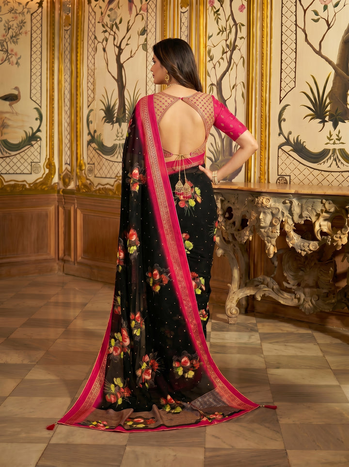 ELEGANT BLACK & PINK FLORAL PRINT GEORGETTE SAREE | DESIGNER CONTRAST BORDER WITH GEOMETRIC PATTERNS