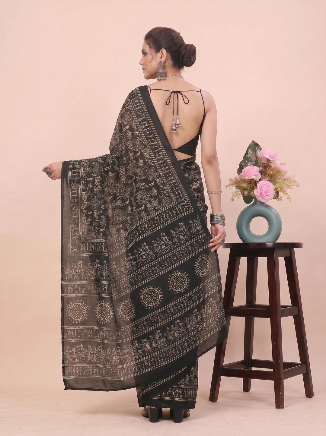 PREMIUM SOFT ART SILK WARLI PRINT SAREE WITH TRADITIONAL TRIBAL ART & MATCHING BLOUSE - BLACK & WHITE