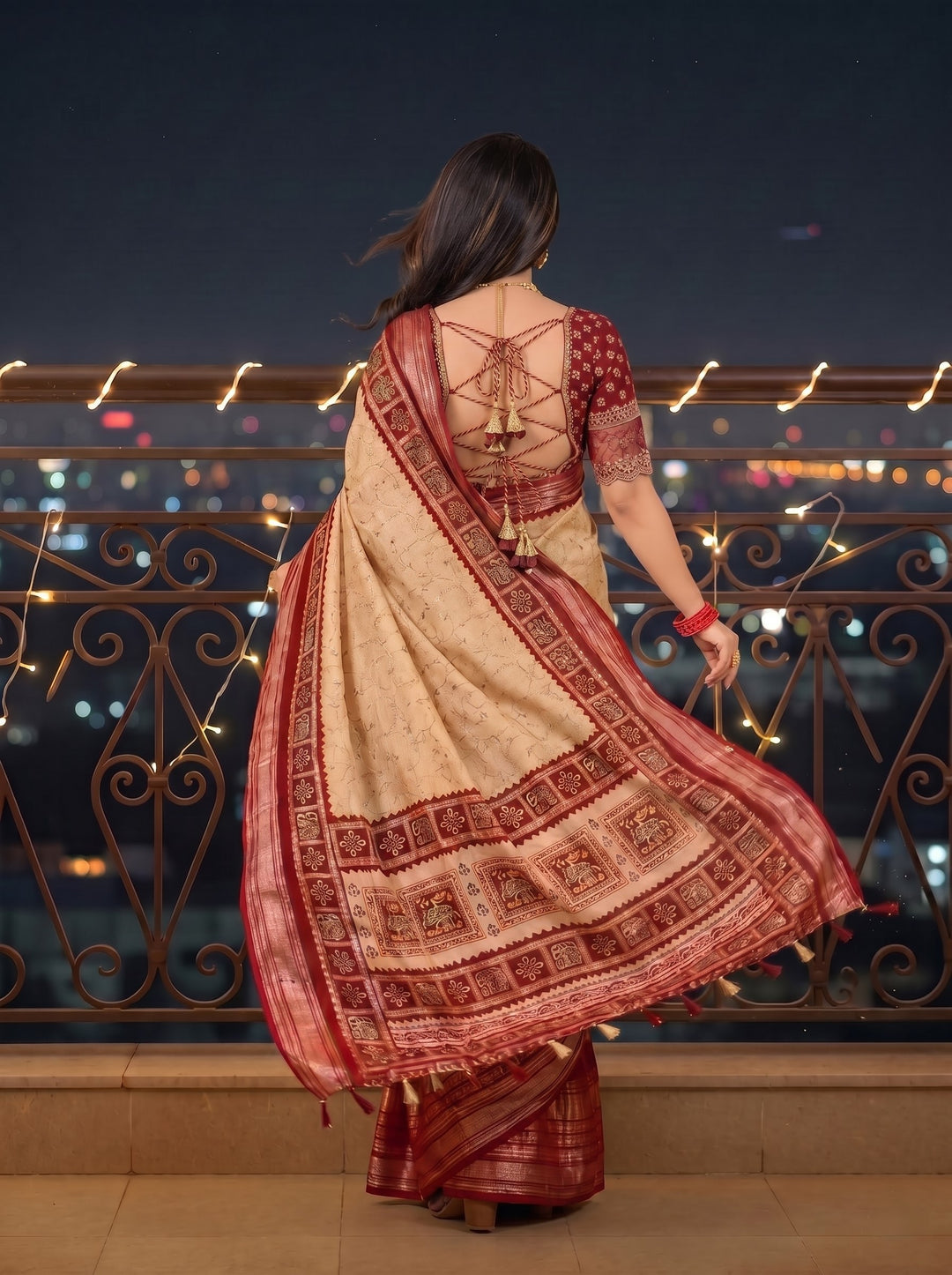 OFF-WHITE CREAM SOFT SILK SAREE - DARK RED MAROON BORDER WITH ETHNIC ELEPHANT BLOCK-PRINT DESIGN