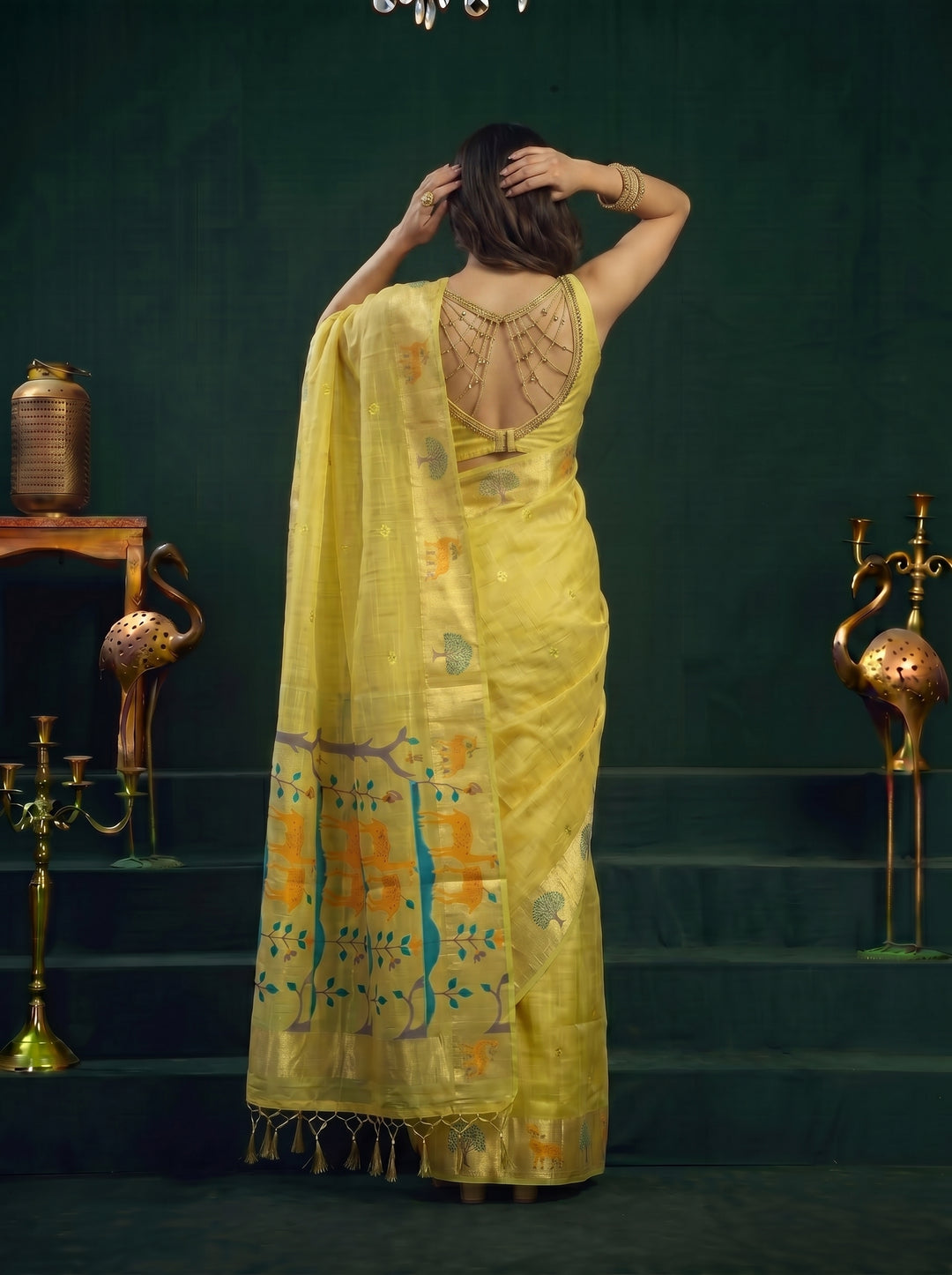 LEMON YELLOW SOFT COTTON SILK JACQUARD SAREE WITH GOLDEN ZARI BORDER | NATURE-THEMED TREE & DEER MOTIF SAREE WITH UNSTITCHED BLOUSE PIECE