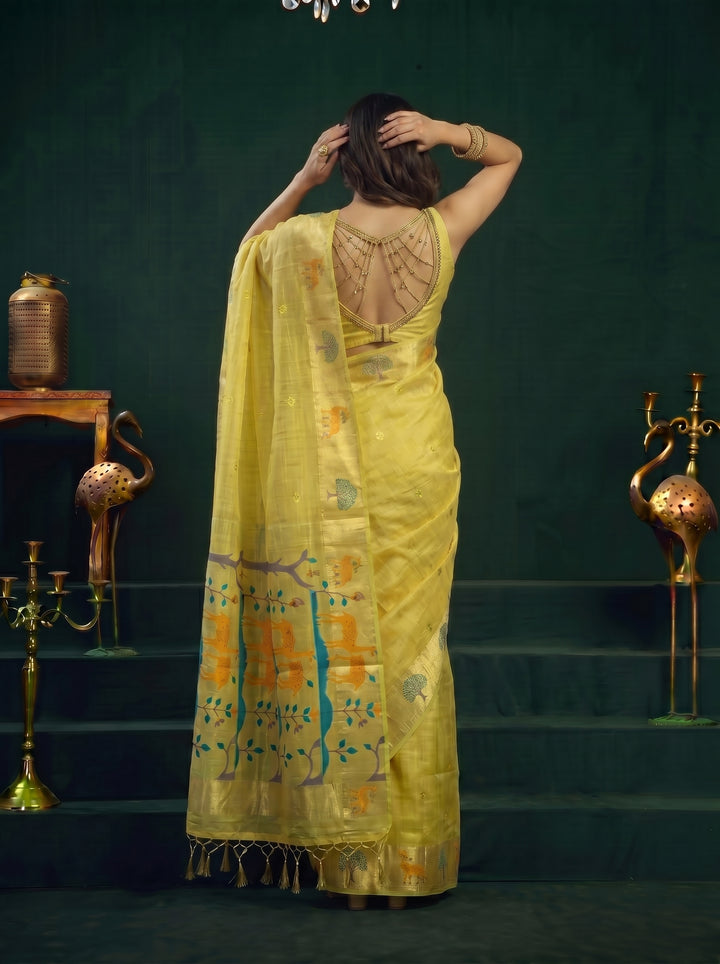 LEMON YELLOW SOFT COTTON SILK JACQUARD SAREE WITH GOLDEN ZARI BORDER | NATURE-THEMED TREE & DEER MOTIF SAREE WITH UNSTITCHED BLOUSE PIECE