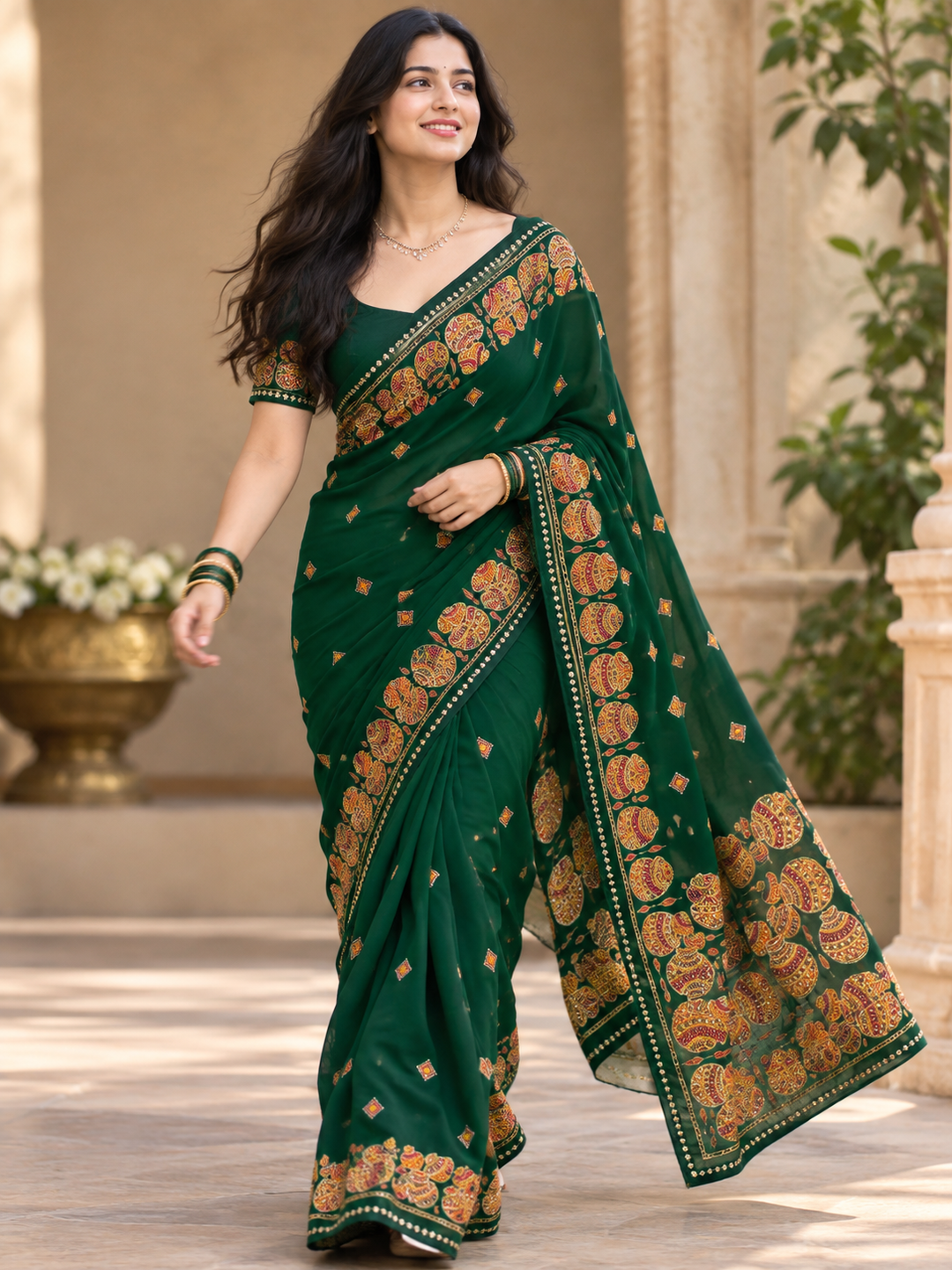 TRADITIONAL DARK GREEN SAREE