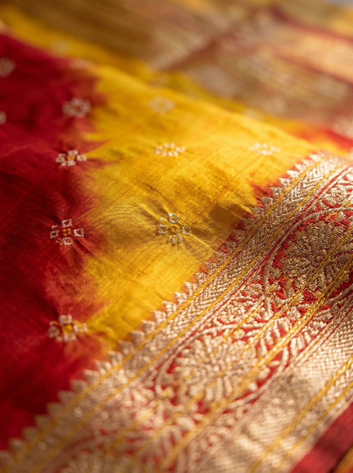 PREMIUM LIGHTWEIGHT GEORGETTE LEHERIYA SAREE WITH GOLDEN BUTTI & ZARI WOVEN BORDER - YELLOW & RED