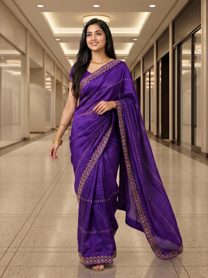 Royal Purple Silk Saree with Rose Gold Zari Border