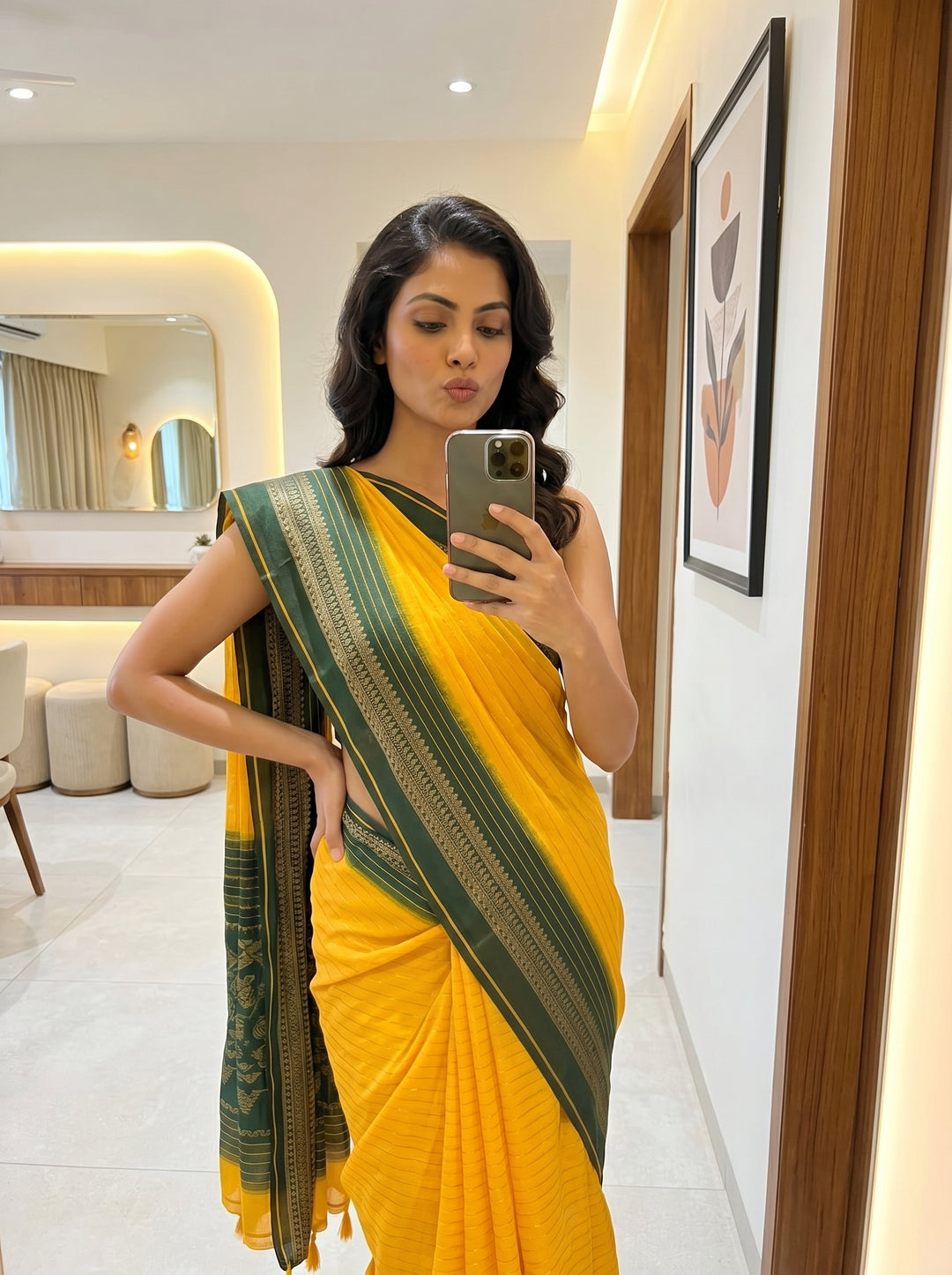 YELLOW SOFT SILK JACQUARD WOVEN SAREE WITH DARK GREEN ZARI BORDER | GOLD ZARI LEHERIYA PATTERN FESTIVE SAREE WITH UNSTITCHED BLOUSE PIECE