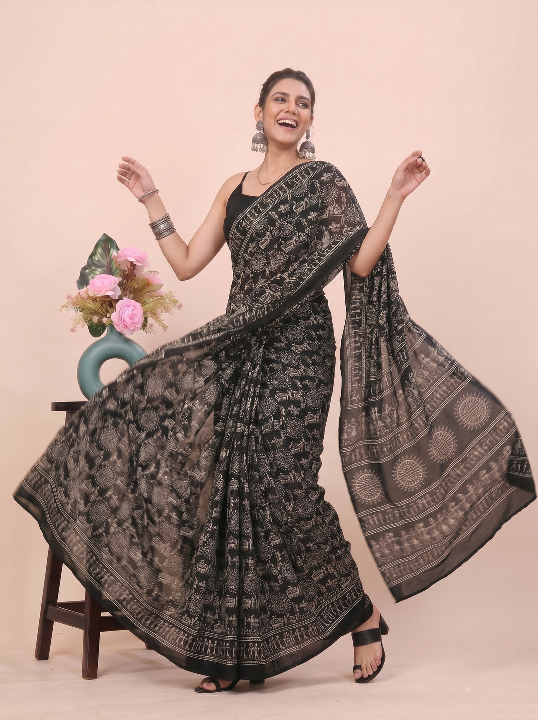 PREMIUM SOFT ART SILK WARLI PRINT SAREE WITH TRADITIONAL TRIBAL ART & MATCHING BLOUSE - BLACK & WHITE