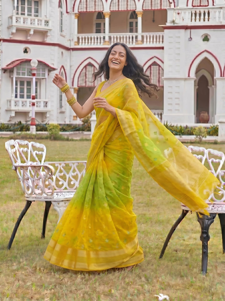 WOMEN'S YELLOW & GREEN GEORGETTE LEHERIYA PRINT SAREE WITH GOLDEN BUTTI WORK | SOFT ART SILK FESTIVE SAREE FOR HALDI & MEHENDI WITH UNSTITCHED BLOUSE