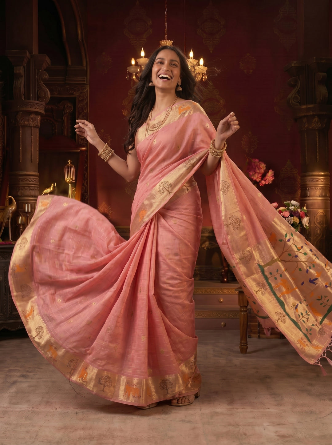 PEACH PINK SOFT COTTON SILK JACQUARD SAREE WITH COPPER-GOLDEN ZARI BORDER | NATURE-INSPIRED TREE & DEER MOTIF SAREE WITH UNSTITCHED BLOUSE