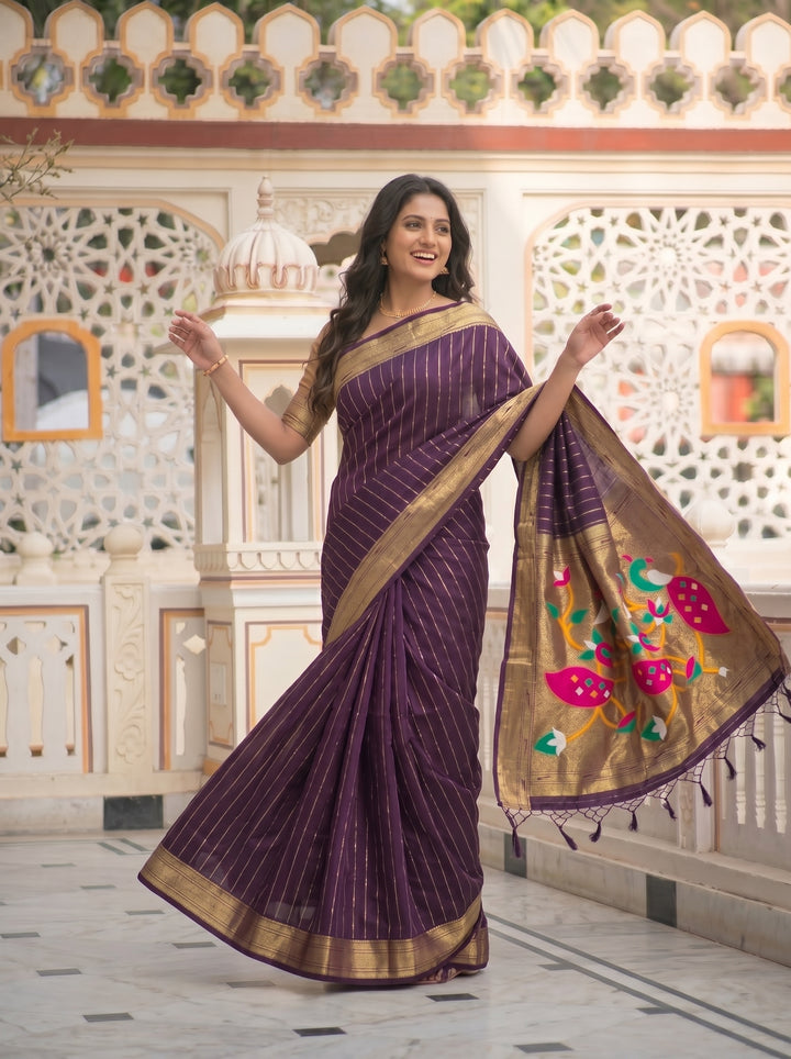 ROYAL WINE SOFT SILK PAITHANI STYLE SAREE WITH PEACOCK MOTIFS & ZARI BORDER | VERTICAL GOLD ZARI LINES FESTIVE SAREE WITH UNSTITCHED BLOUSE PIECE