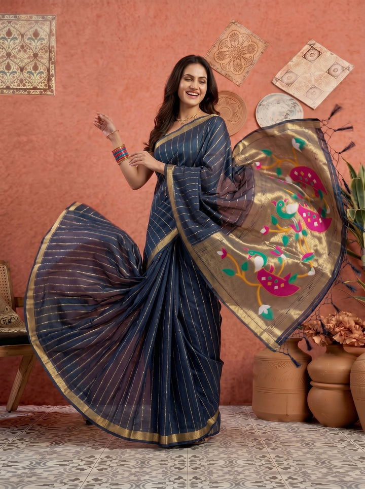 NAVY BLUE SOFT SILK SAREE - TRADITIONAL JACQUARD PAITHANI STYLE WITH MULTICOLORED MOR MOTIFS - SLIM SILHOUETTE GOLD ZARI STRIPE PATTERN