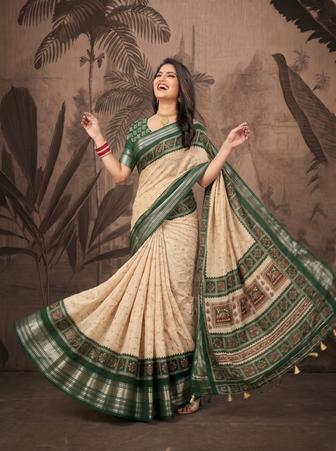 OFF-WHITE CREAM SOFT SILK SAREE - ROYAL PINK BORDER WITH TRADITIONAL CIRCULAR MOTIFS - DESIGNER BOUTIQUE STYLE ETHNIC WEAR FOR FESTIVALS & WEDDINGS