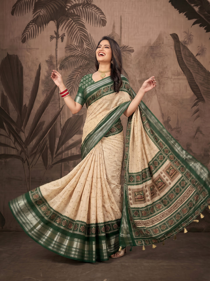 OFF-WHITE CREAM SOFT SILK SAREE - ROYAL PINK BORDER WITH TRADITIONAL CIRCULAR MOTIFS - DESIGNER BOUTIQUE STYLE ETHNIC WEAR FOR FESTIVALS & WEDDINGS