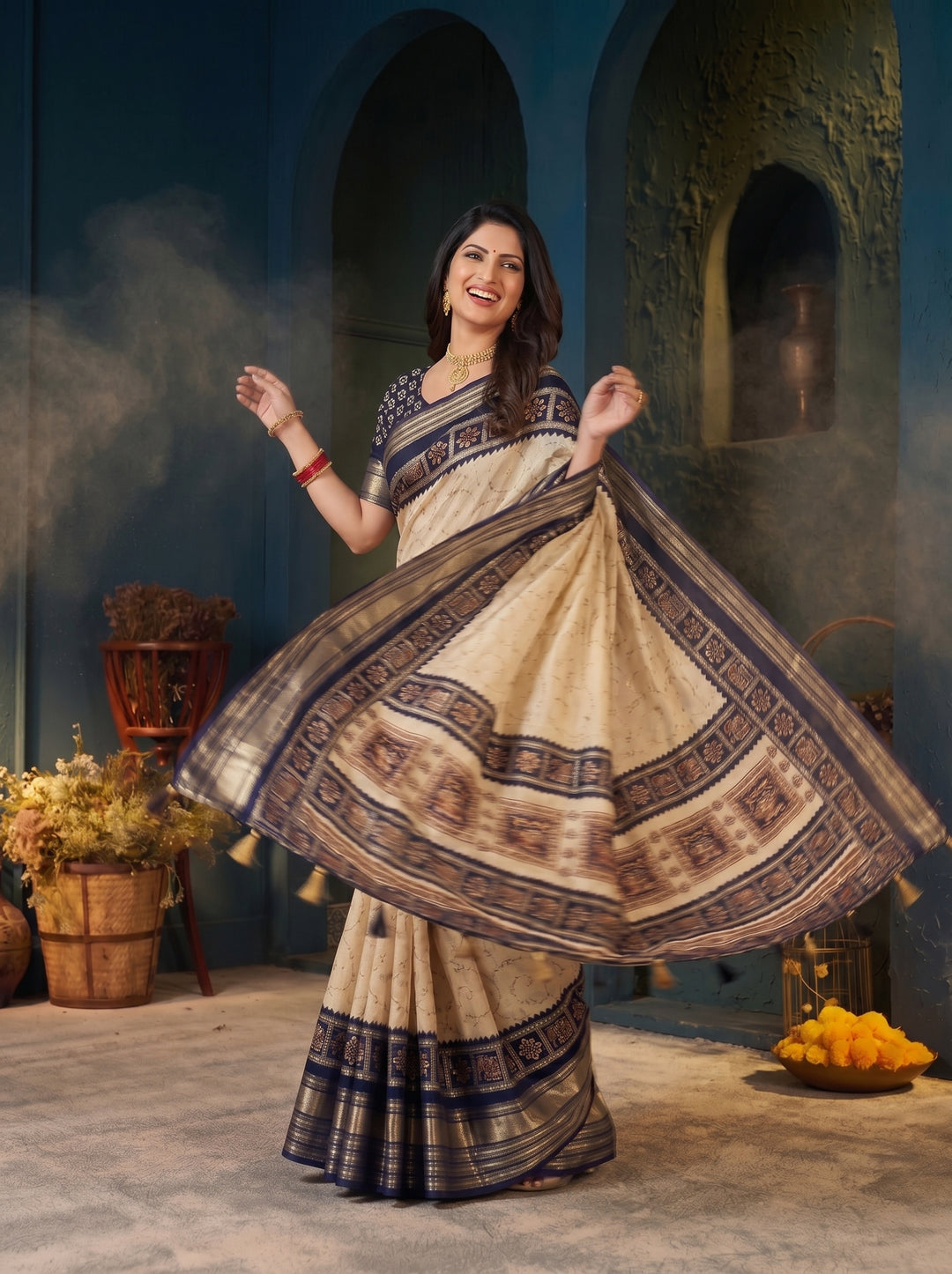 OFF-WHITE CREAM SOFT SILK SAREE - NAVY BLUE BORDER WITH ETHNIC ELEPHANT BLOCK-PRINT DESIGN