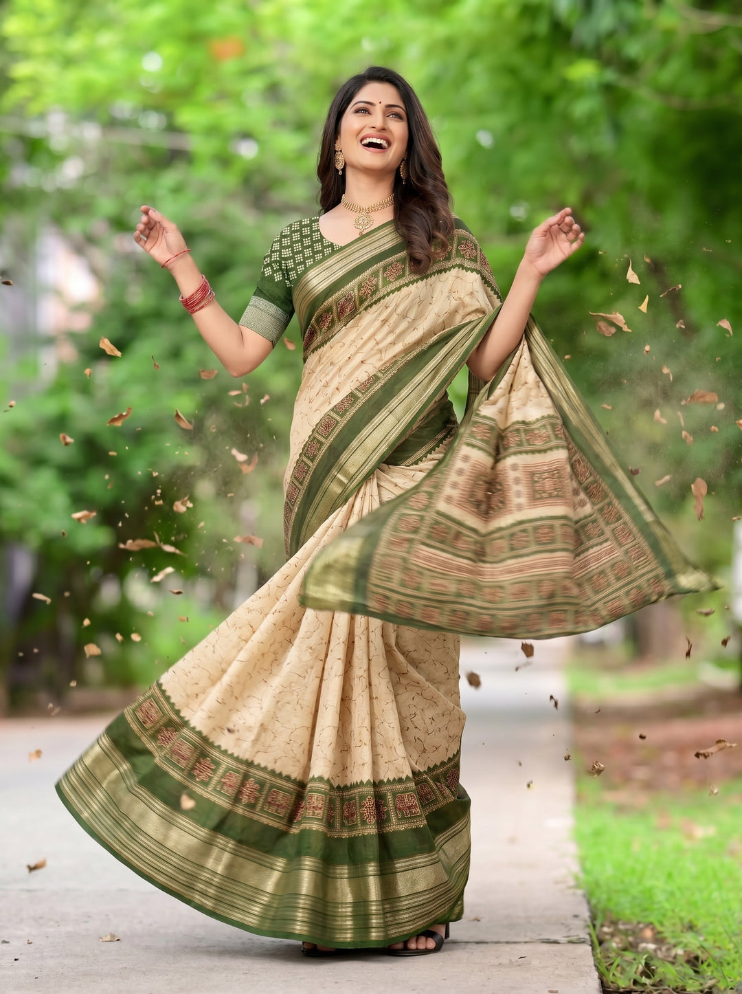 DESIGNER CREAM SOFT SILK SAREE WITH OLIVE GREEN BORDER | TRADITIONAL MOTIF PRINTED PALLU & VERTICAL ZARI STRIPES