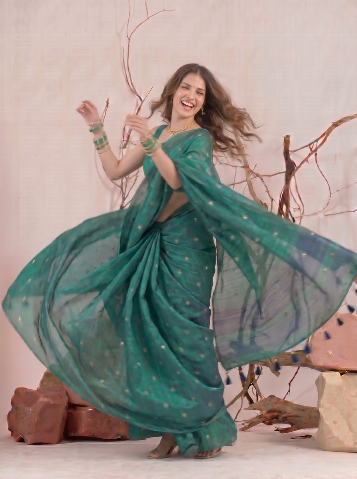 Rama Green Chanderi Silk Saree with Mirror Work