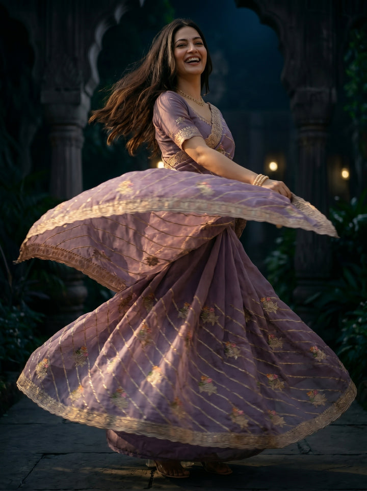 Mauve Organza Silk Leheriya Saree
