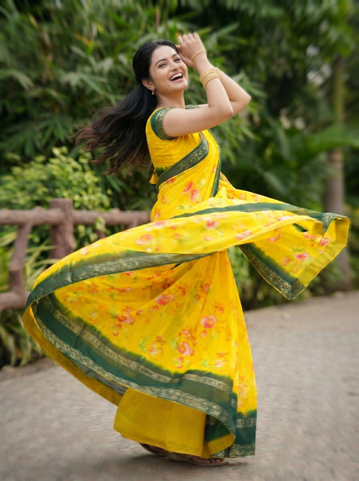 Yellow Floral Print Georgette Saree with Green Border