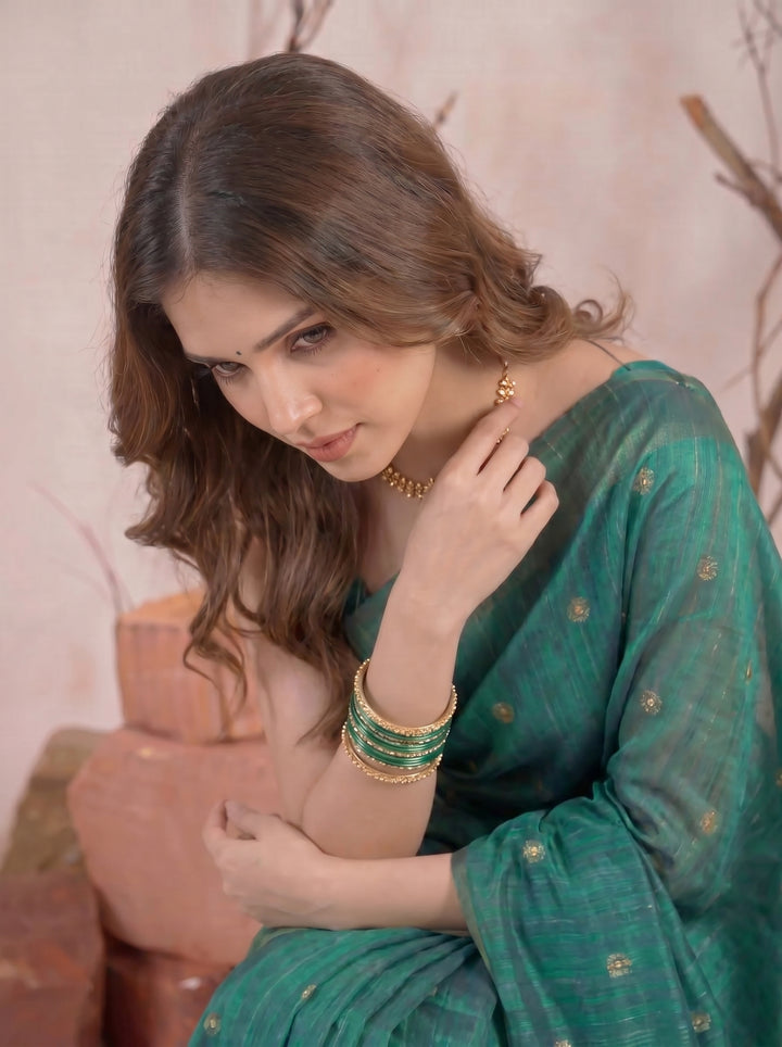 Rama Green Chanderi Silk Saree with Mirror Work