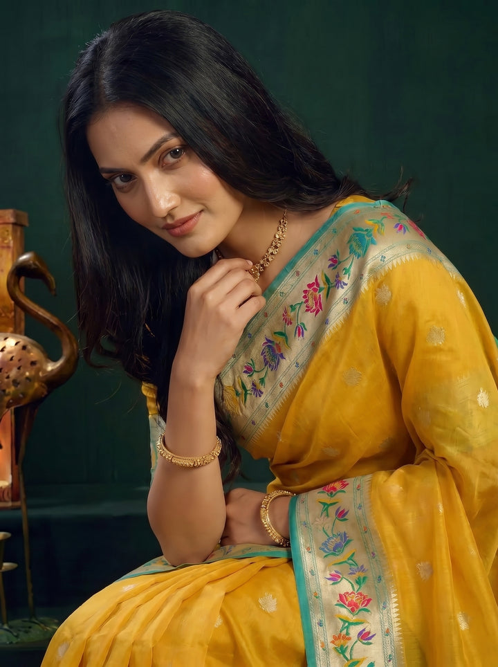Mustard Yellow Paithani Motif Silk Saree