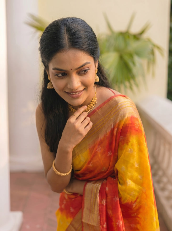 PREMIUM LIGHTWEIGHT GEORGETTE LEHERIYA SAREE WITH GOLDEN BUTTI & ZARI WOVEN BORDER - BLUE & YELLOW