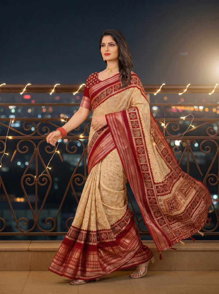 OFF-WHITE CREAM SOFT SILK SAREE - DARK RED MAROON BORDER WITH ETHNIC ELEPHANT BLOCK-PRINT DESIGN