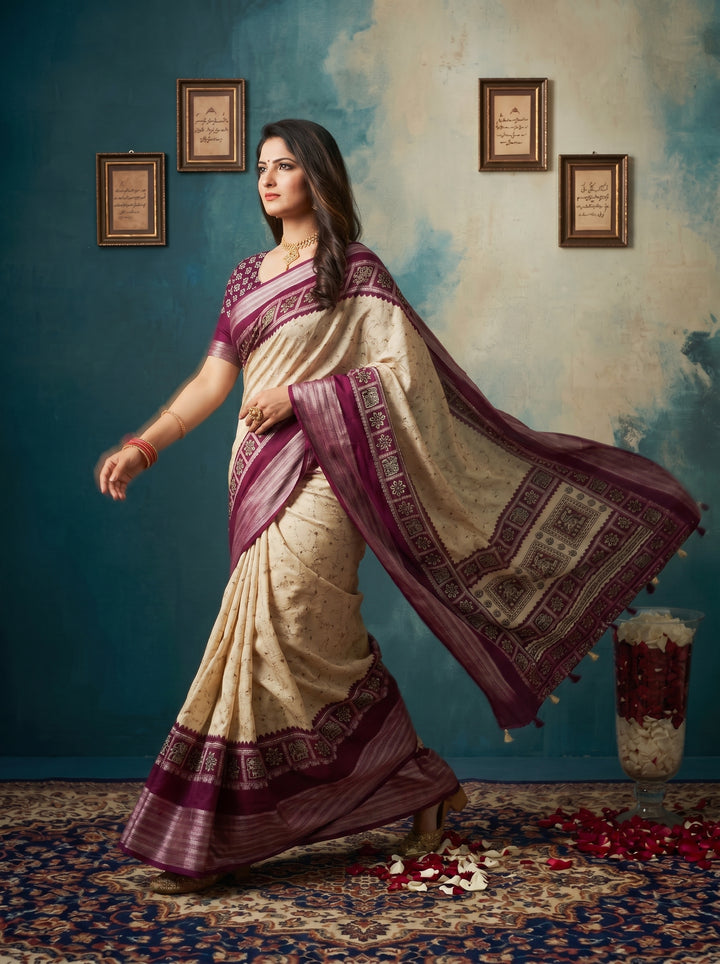 SOFT SILK ETHNIC JACQUARD WOVEN SAREE IN OFF-WHITE & WINE PURPLE | TRADITIONAL ELEPHANT MOTIF PRINTED PALLU WITH UNSTITCHED BLOUSE PIECE