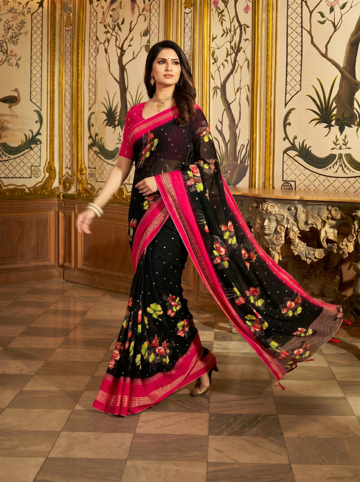 ELEGANT BLACK & PINK FLORAL PRINT GEORGETTE SAREE | DESIGNER CONTRAST BORDER WITH GEOMETRIC PATTERNS