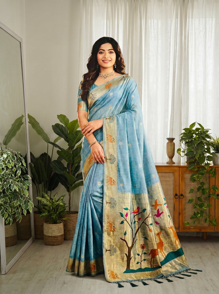 SKY BLUE SOFT COTTON SILK JACQUARD SAREE WITH ZARI BORDER | NATURE-INSPIRED DEER & BIRD MOTIFS DESIGNER SAREE WITH UNSTITCHED BLOUSE PIECE