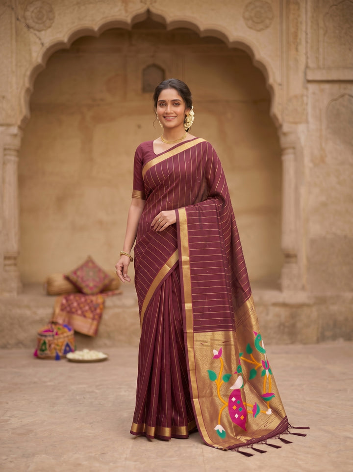 ELEGANT BOTTLE GREEN SOFT SILK SAREE - TRADITIONAL PAITHANI STYLE WITH MULTICOLORED MOR (PEACOCK) MOTIFS & GOLD ZARI STRIPES