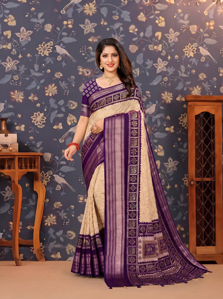 CREAM & ROYAL PURPLE SOFT SILK SAREE - TRADITIONAL ETHNIC PRINTS & JACQUARD BORDER