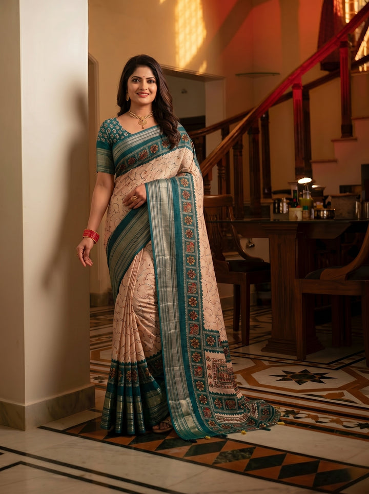 OFF-WHITE CREAM SOFT SILK SAREE - NAVY BLUE BORDER WITH ETHNIC MANDALA & FLORAL PRINTS - PREMIUM SLUB TEXTURE BOUTIQUE SAREE WITH CONTRAST BLOUSE PIECE