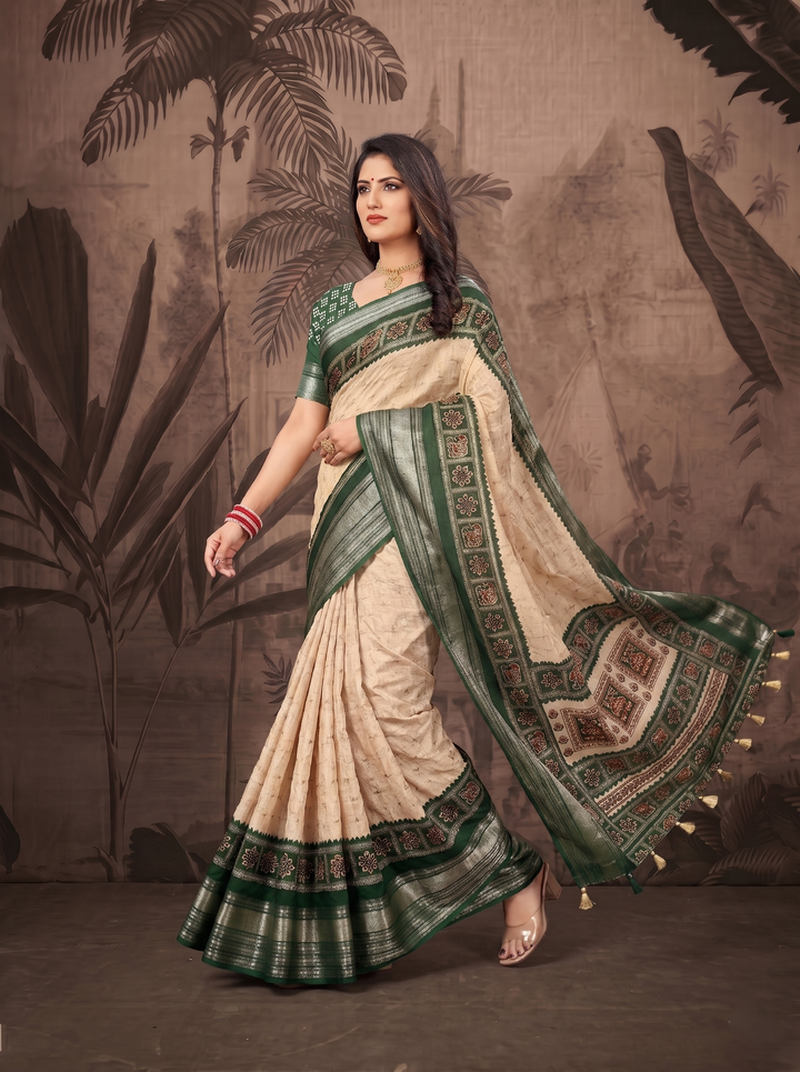 OFF-WHITE CREAM SOFT SILK SAREE - ROYAL PINK BORDER WITH TRADITIONAL CIRCULAR MOTIFS - DESIGNER BOUTIQUE STYLE ETHNIC WEAR FOR FESTIVALS & WEDDINGS
