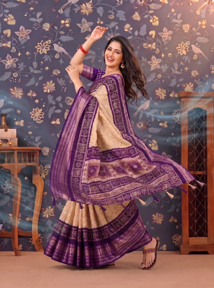 CREAM & ROYAL PURPLE SOFT SILK SAREE - TRADITIONAL ETHNIC PRINTS & JACQUARD BORDER