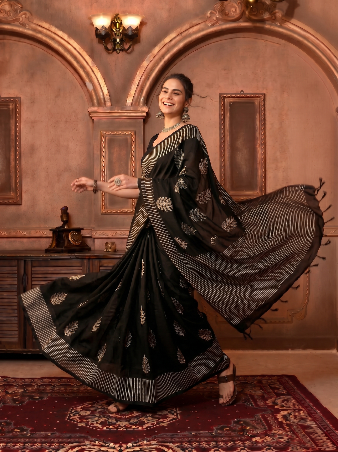 PREMIUM SOFT ART SILK SAREE WITH BLACK & WHITE STRIPED BORDER & ELEGANT LEAF MOTIFS - BLACK