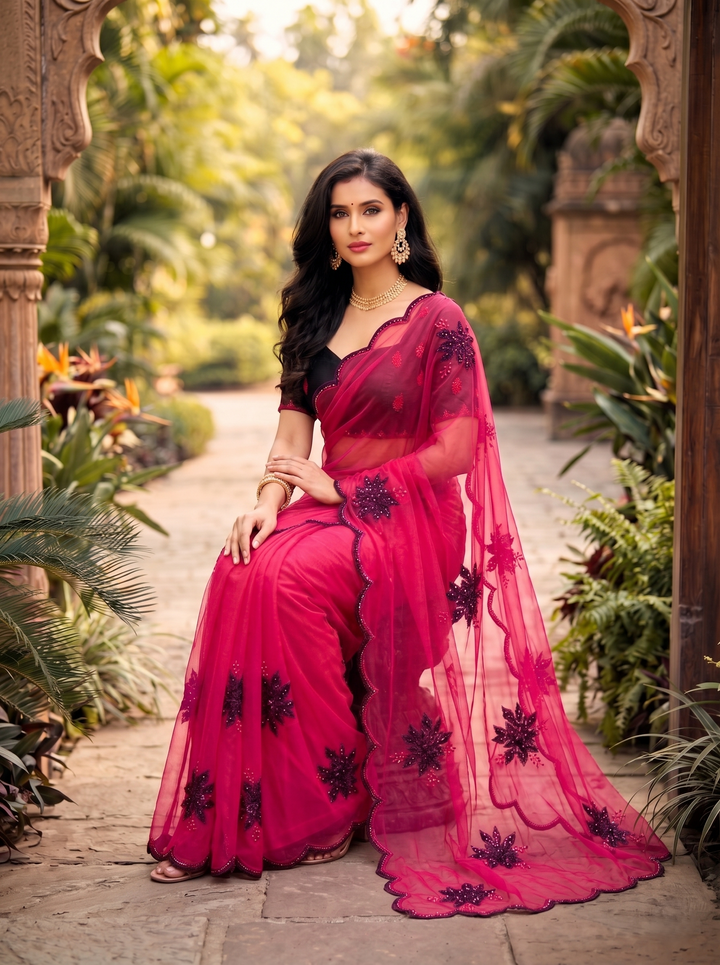 BLACKBERRY ELEGANT CHERRY RED GEORGETTE SAREE - BLACK STONE MOTIF WORK & CUT-WORK BORDER