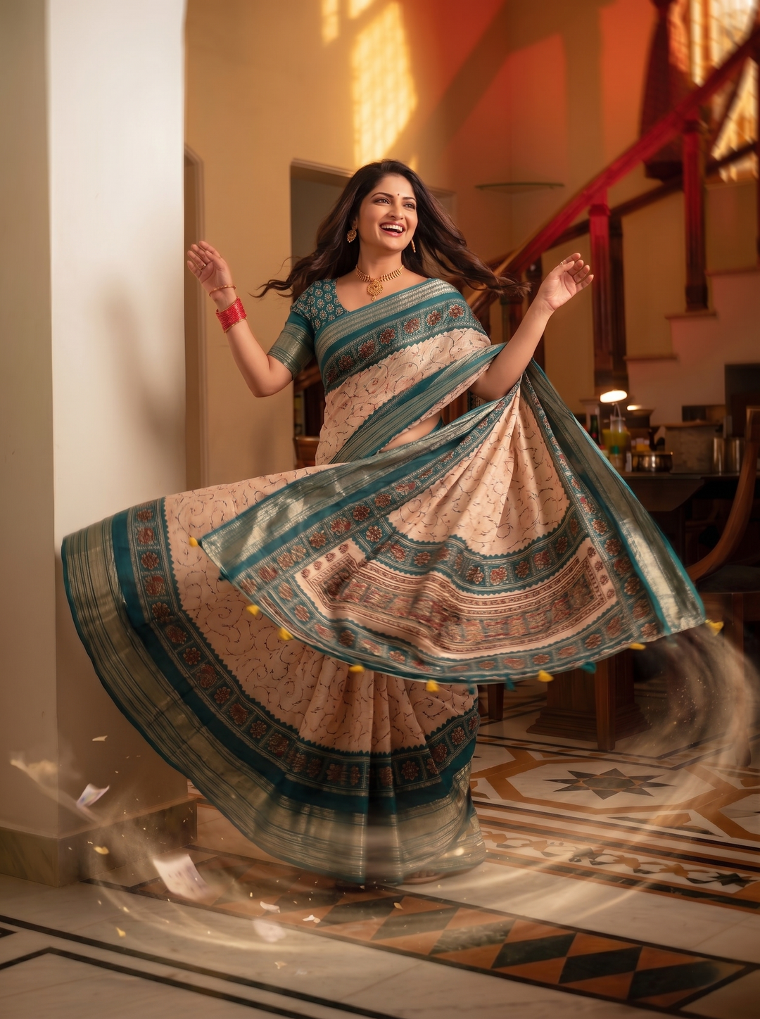 OFF-WHITE CREAM SOFT SILK SAREE - NAVY BLUE BORDER WITH ETHNIC MANDALA & FLORAL PRINTS - PREMIUM SLUB TEXTURE BOUTIQUE SAREE WITH CONTRAST BLOUSE PIECE