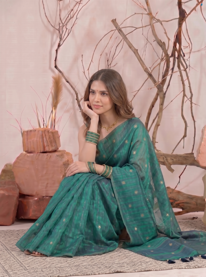 Rama Green Chanderi Silk Saree with Mirror Work