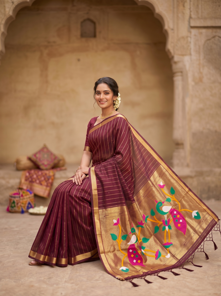 ELEGANT BOTTLE GREEN SOFT SILK SAREE - TRADITIONAL PAITHANI STYLE WITH MULTICOLORED MOR (PEACOCK) MOTIFS & GOLD ZARI STRIPES