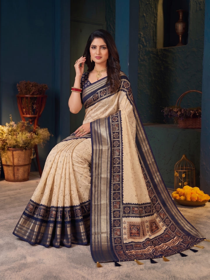 OFF-WHITE CREAM SOFT SILK SAREE - NAVY BLUE BORDER WITH ETHNIC ELEPHANT BLOCK-PRINT DESIGN