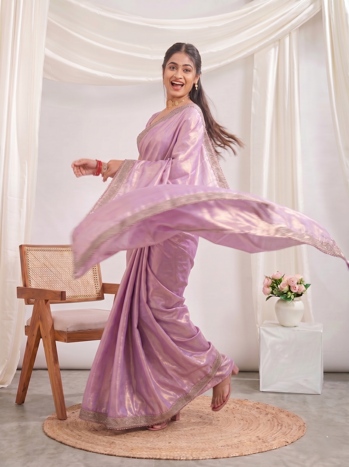 STUNNING DUSTY BLUE METALLIC GEORGETTE SAREE | ROSE-GOLD CUTWORK BORDER DESIGNER ETHNIC WEAR | GLAMOROUS STEEL GREY PARTY WEAR SAREE
