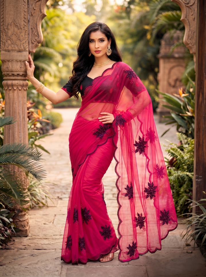BLACKBERRY ELEGANT CHERRY RED GEORGETTE SAREE - BLACK STONE MOTIF WORK & CUT-WORK BORDER