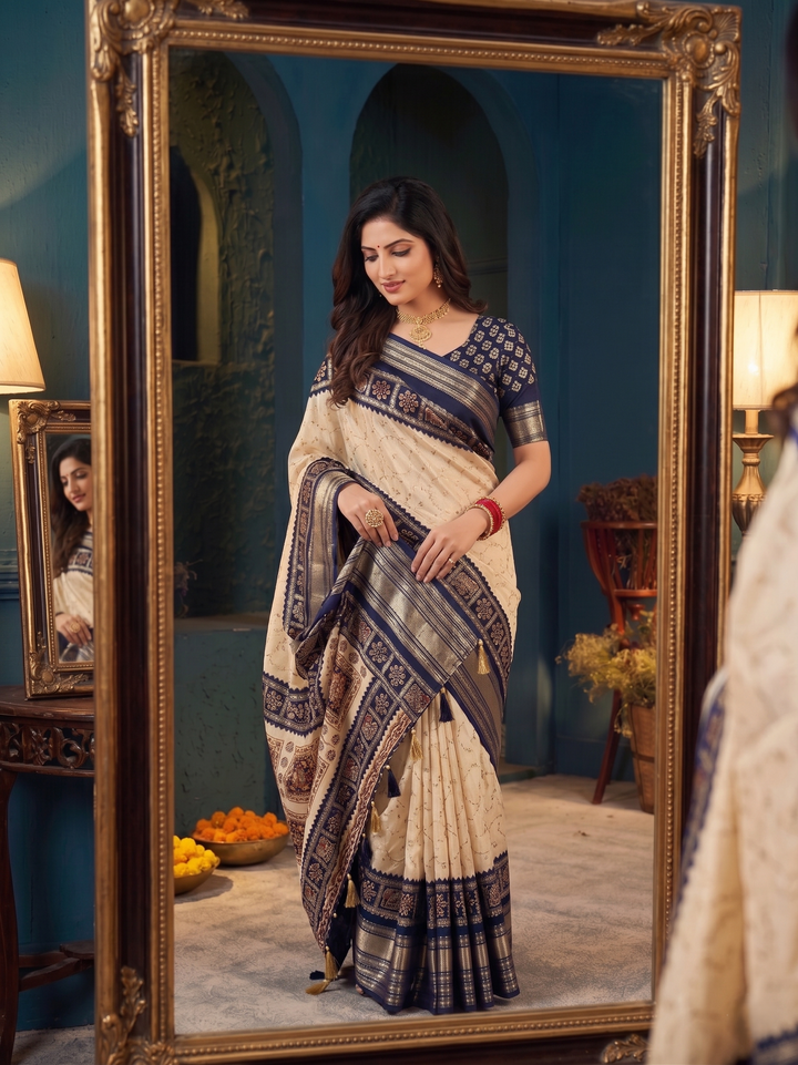 OFF-WHITE CREAM SOFT SILK SAREE - NAVY BLUE BORDER WITH ETHNIC ELEPHANT BLOCK-PRINT DESIGN