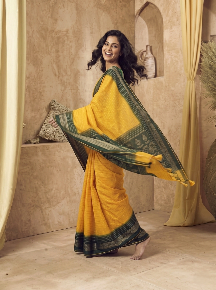 YELLOW SOFT SILK JACQUARD WOVEN SAREE WITH DARK GREEN ZARI BORDER | GOLD ZARI LEHERIYA PATTERN FESTIVE SAREE WITH UNSTITCHED BLOUSE PIECE
