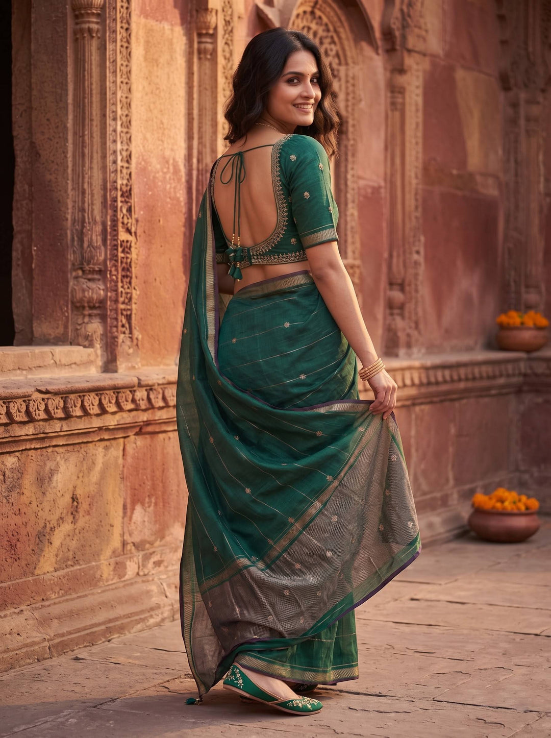 MAHESHWARI PAITHANI LIGHT BLUE SMALL BORDER