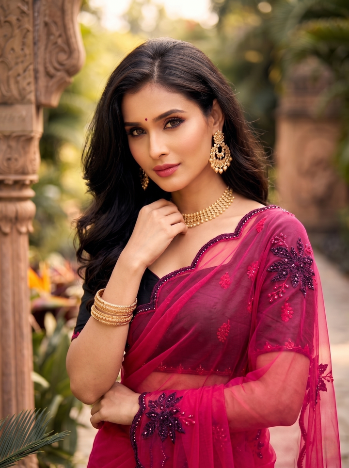 BLACKBERRY ELEGANT CHERRY RED GEORGETTE SAREE - BLACK STONE MOTIF WORK & CUT-WORK BORDER
