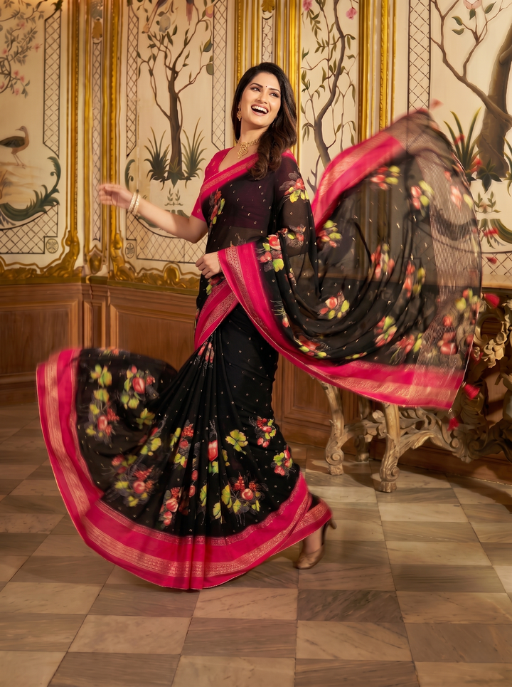 ELEGANT BLACK & PINK FLORAL PRINT GEORGETTE SAREE | DESIGNER CONTRAST BORDER WITH GEOMETRIC PATTERNS