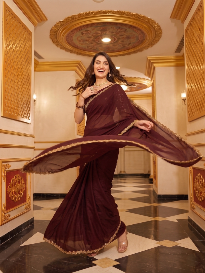 PREMIUM SOFT TANYA SILK SAREE WITH GOLDEN SCALLOPED CUTWORK BORDER & HEAVY EMBROIDERY BLOUSE